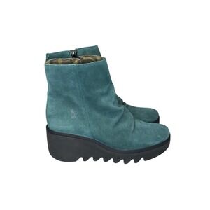 Fly London Baan Suede Boot Women's 38 US 7-7.5 Teal Platform Wedge Side Zip